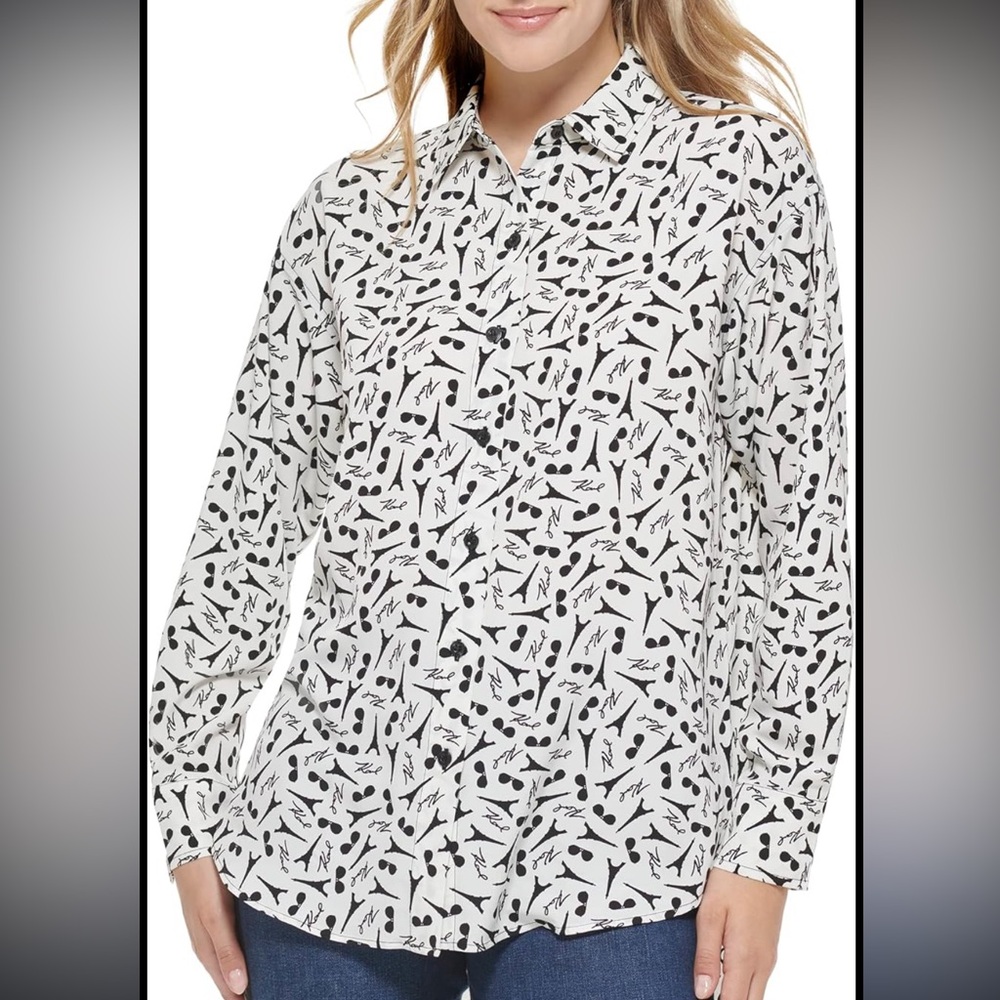 Karl Langerfeld eiffel tower sunglasses print long sleeve button up shirt Medium